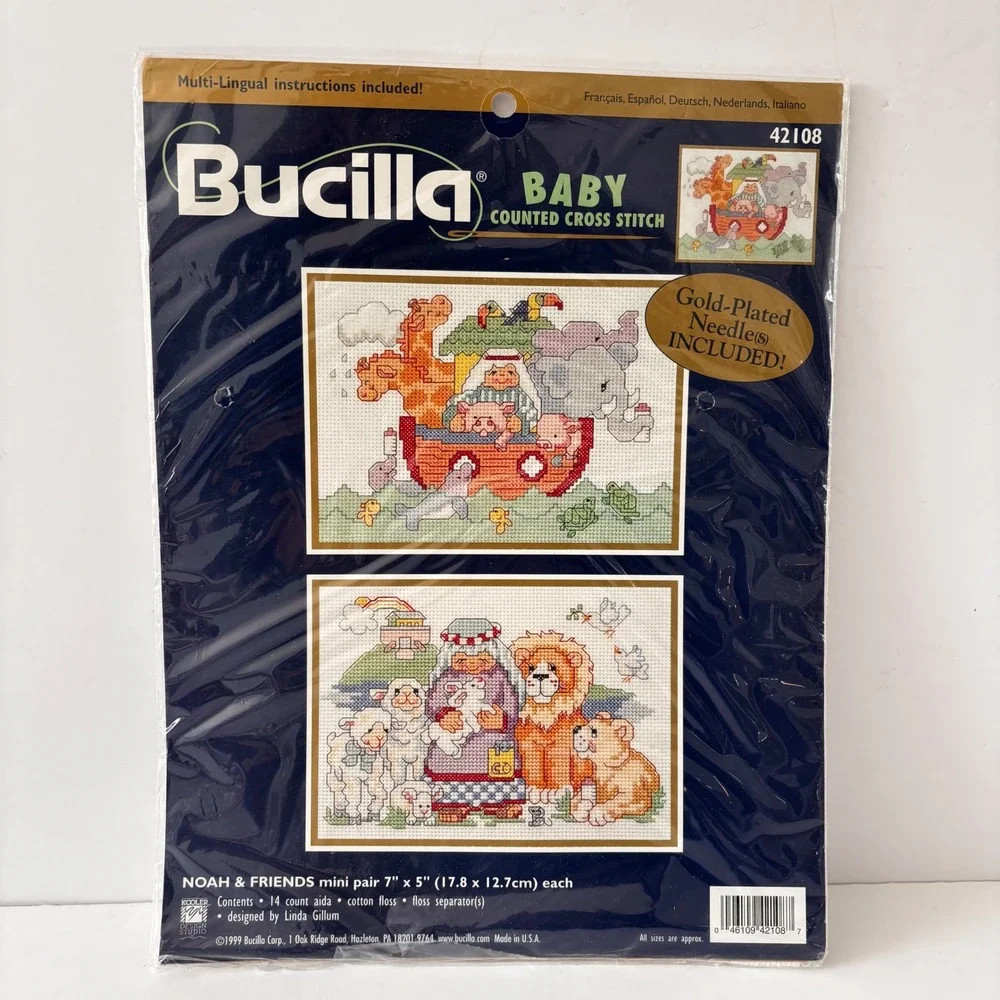 Vintage Bucilla Baby Cross Stitch Kit Mini Pair Noah & Friends 7x5